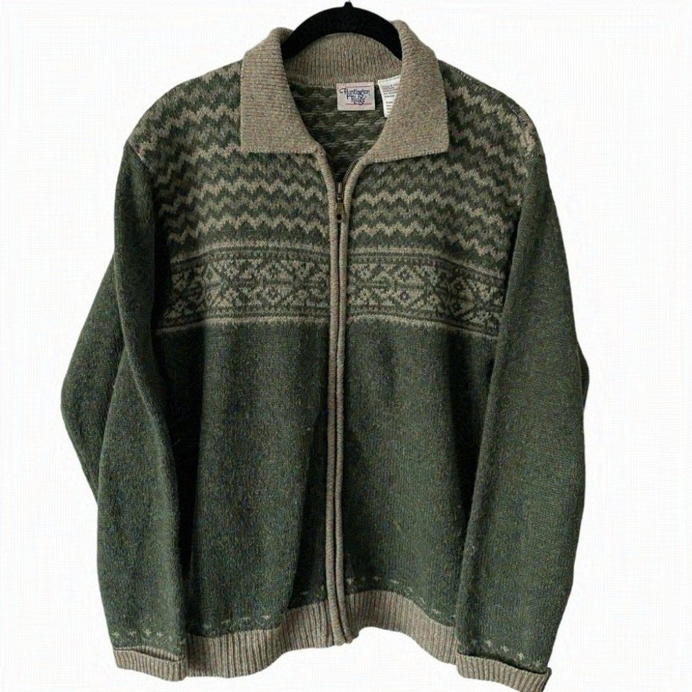 Vintage Huntington Ridge Zip Up Sweater Collared Wool Casual Green Gray Small - Picture 1 of 7